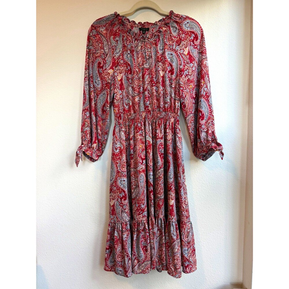 Talbots Paisley Fit & Flare Dress Tie Neck Long Sleeve Knee Length XS